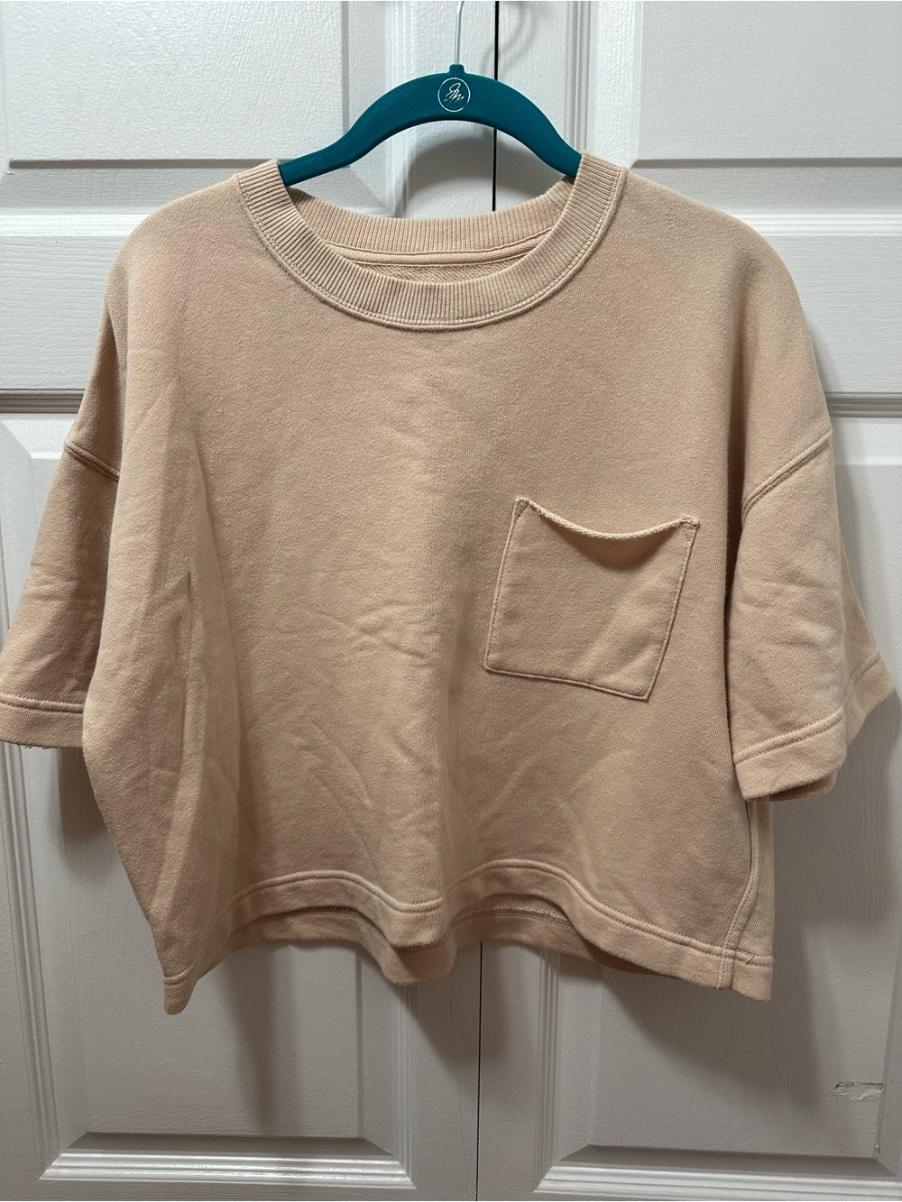Aerie Short Sleeve Pocket Sweatshirt in Beige